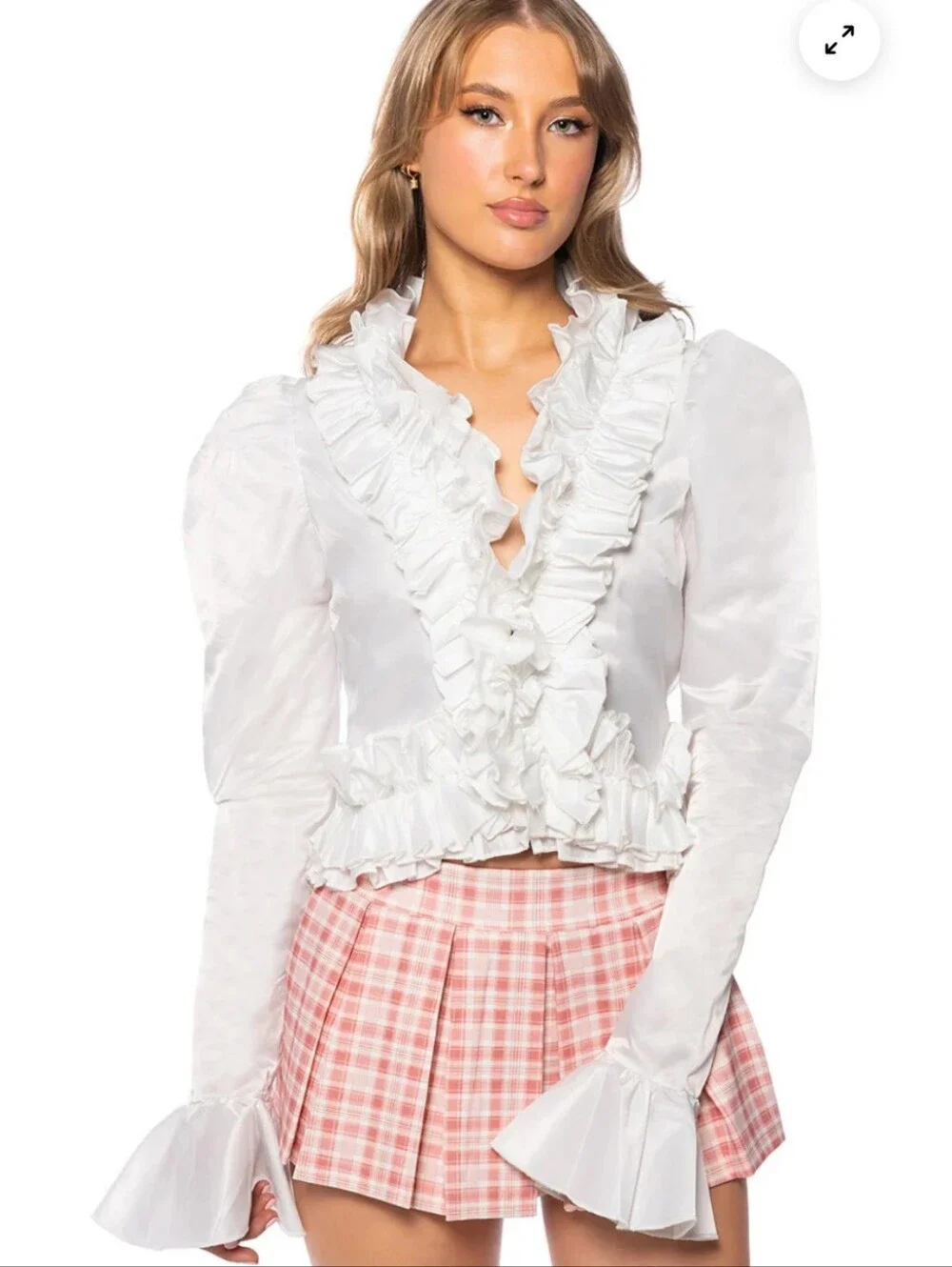 AKIRA Bridal Wedding Whimsical Cream Ruffle Satin Peplum Blouse - Picture 7 of 7